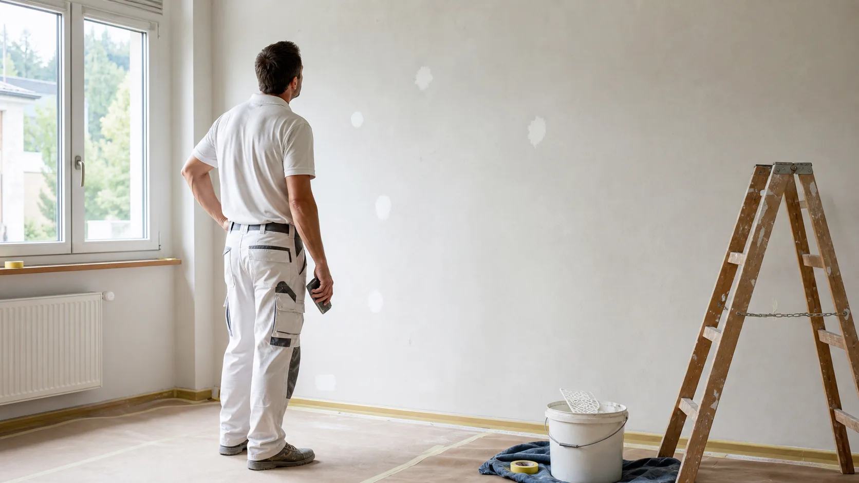 Artisan non identifiable inspectant un mur intérieur avec plusieurs petites reprises avant peinture