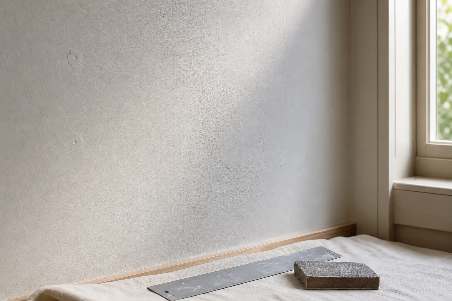 Mur éclairé de côté révélant de petits trous et irrégularités à examiner